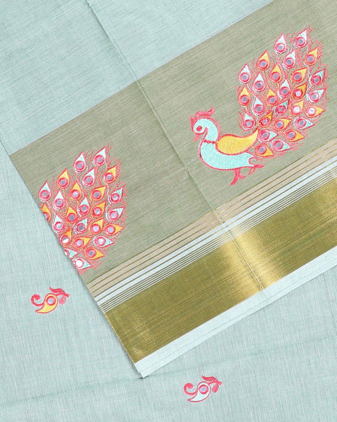 Handloom Cotton Saree with Peacock Embroidery - Green