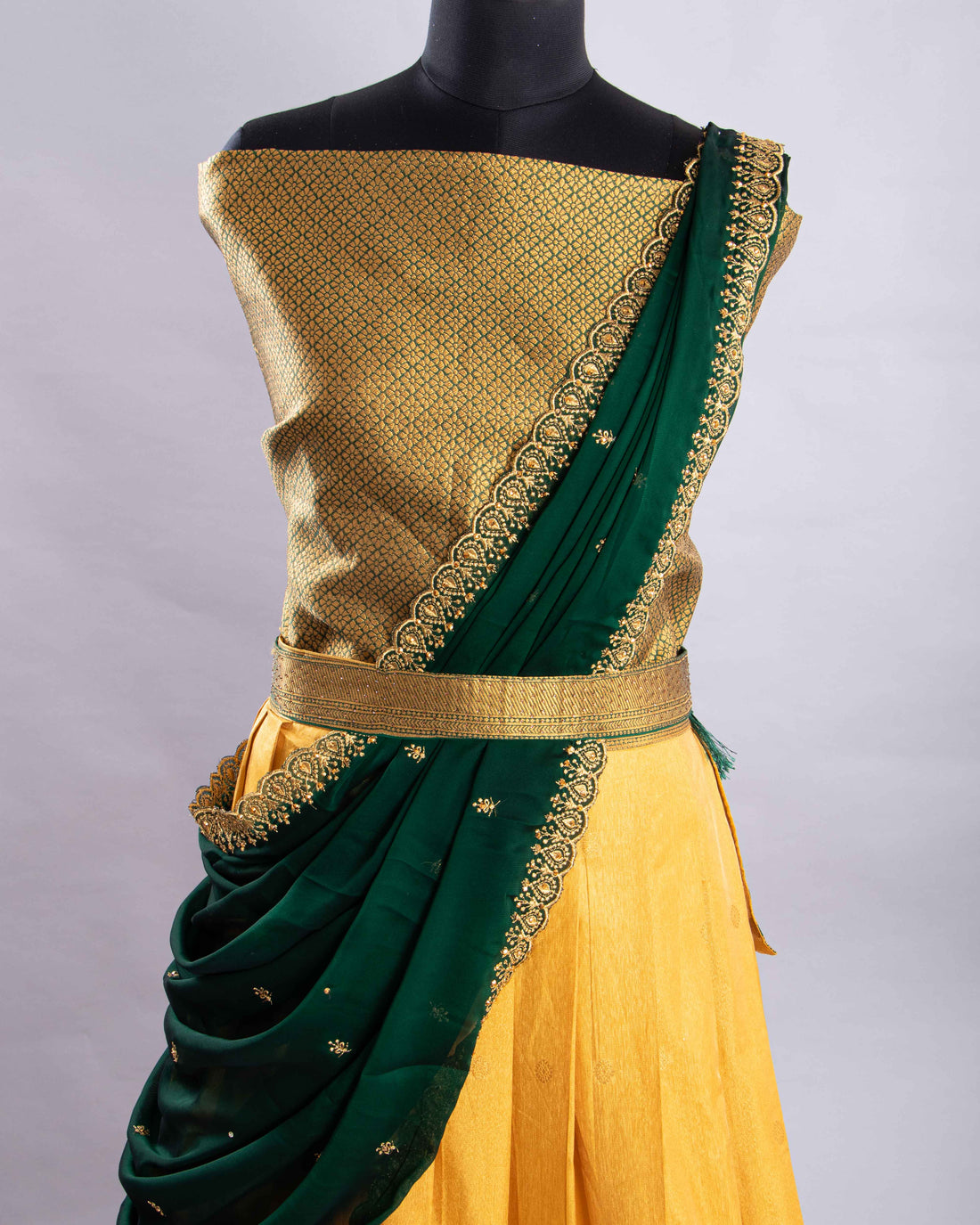 Yellow With Green Colour Embroidered Semi - Stitched Lehenga