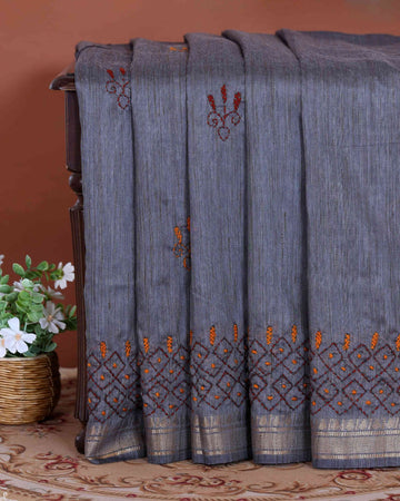 Elegant Kantha Hand Embroidered Saree with Intricate Geometric Motif and Contrast Border - Grey