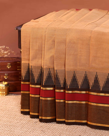 Traditional Handloom Chettinad Cotton Saree with Allover Butti and Contrast Zari Woven Temple Rettapet Border - Beige