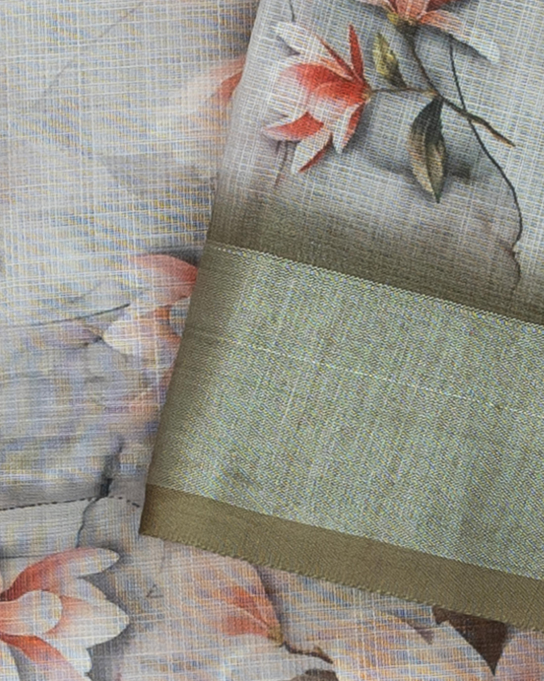 Grey Colour Printed Linen Cotton Saree