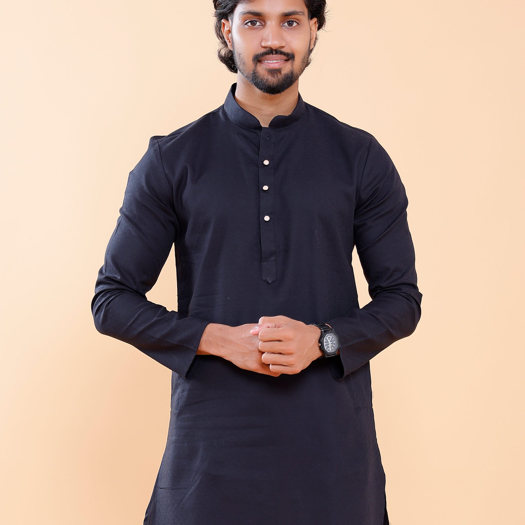 Elegant Men's Woven Design Kurta with Mandarin Collar and Full Sleeves - Navy Blue