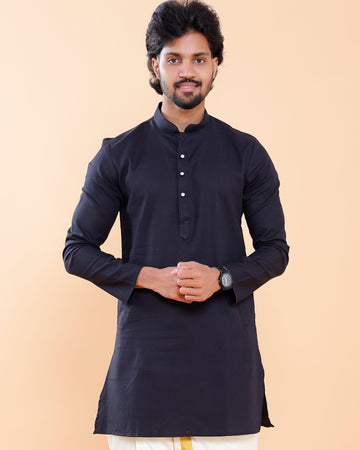 Elegant Men's Woven Design Kurta with Mandarin Collar and Full Sleeves - Navy Blue