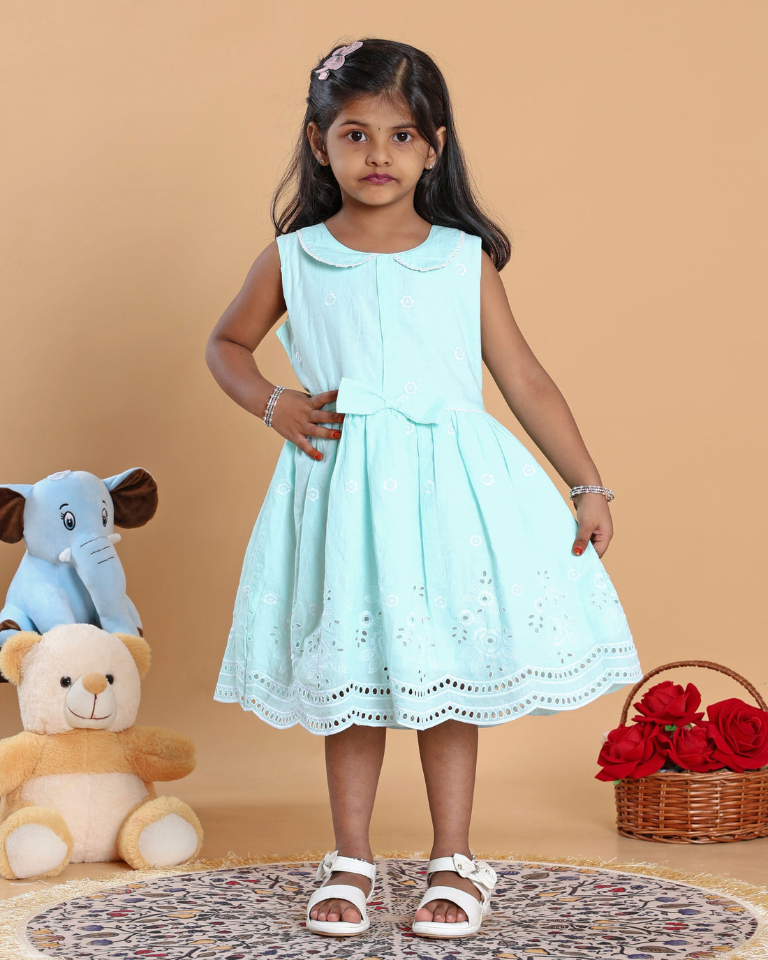 Elegant Embroidered Sleeveless Kids Frock with Peter Pan Collar and Bow Waist Design - Blue