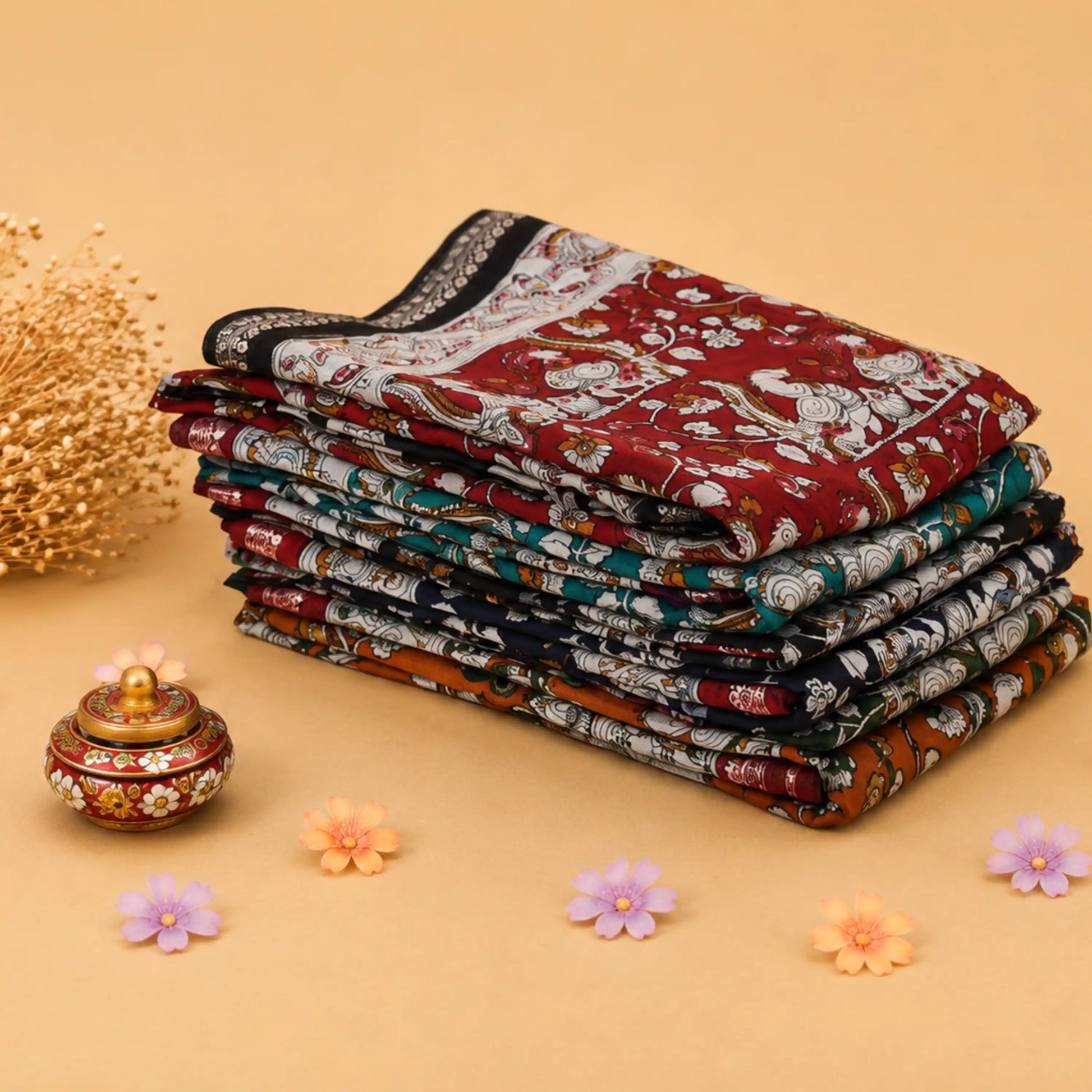 Semi Chanderi Sarees collection with Kalamkari floral and bird prints in multicolor stack folded front view