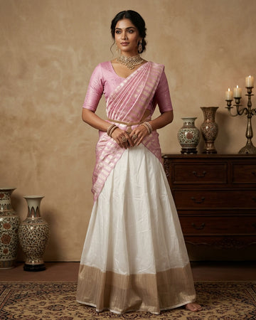 Cotton Semi Stitched Dhavani Set For Women | Festive Wear & Traditional Collection | Jeyachandran - Pink & White