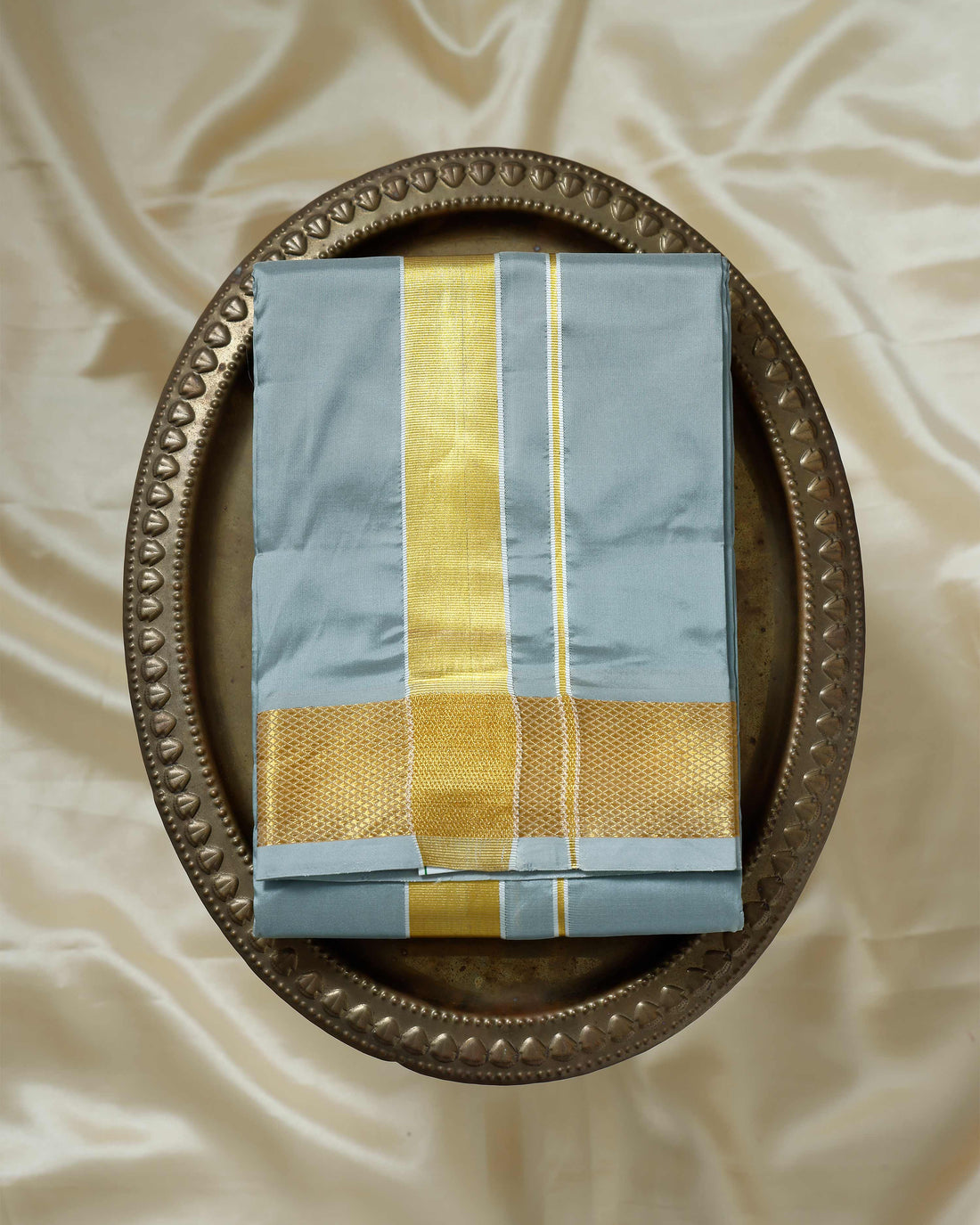 Grey Color Silk Dhoti With 2.40 Meter Shirt Bit & Towle