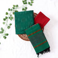 Cotton Salwar Material In Green With Striped Pattern Red Contrast Dupatta Flat Lay View