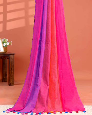 Handwoven Mul Mul Cotton Saree with Bold Striped Pattern and Tassel Detailing – Multi