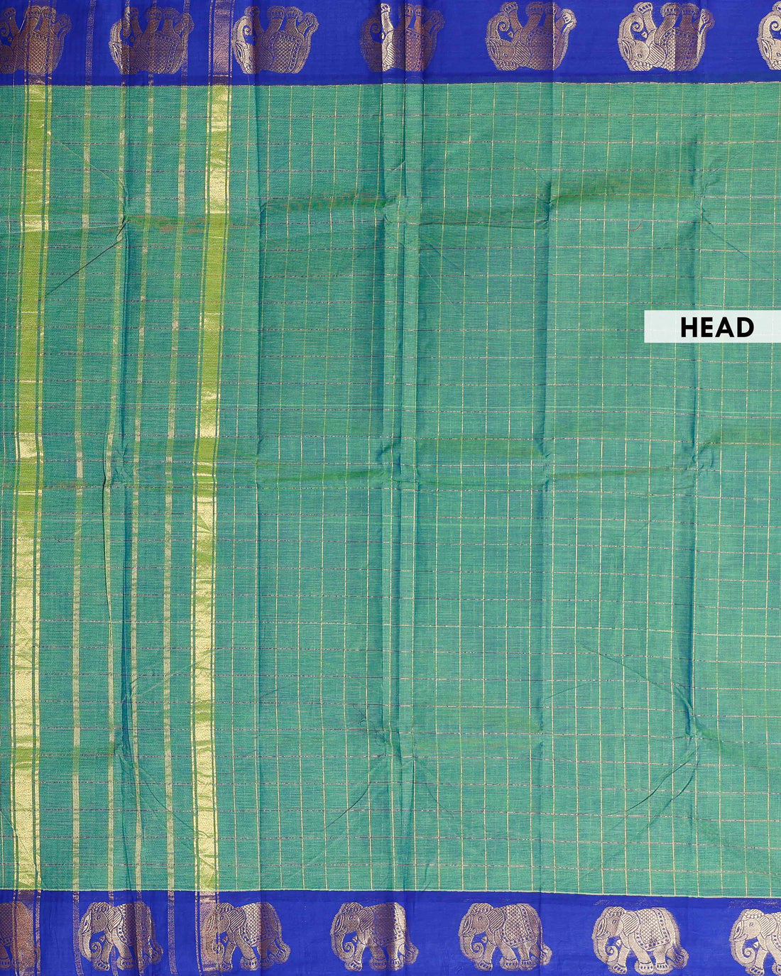 Traditional Chettinad Cotton Saree with Elephant Motif Border and Checkered Body  - Green