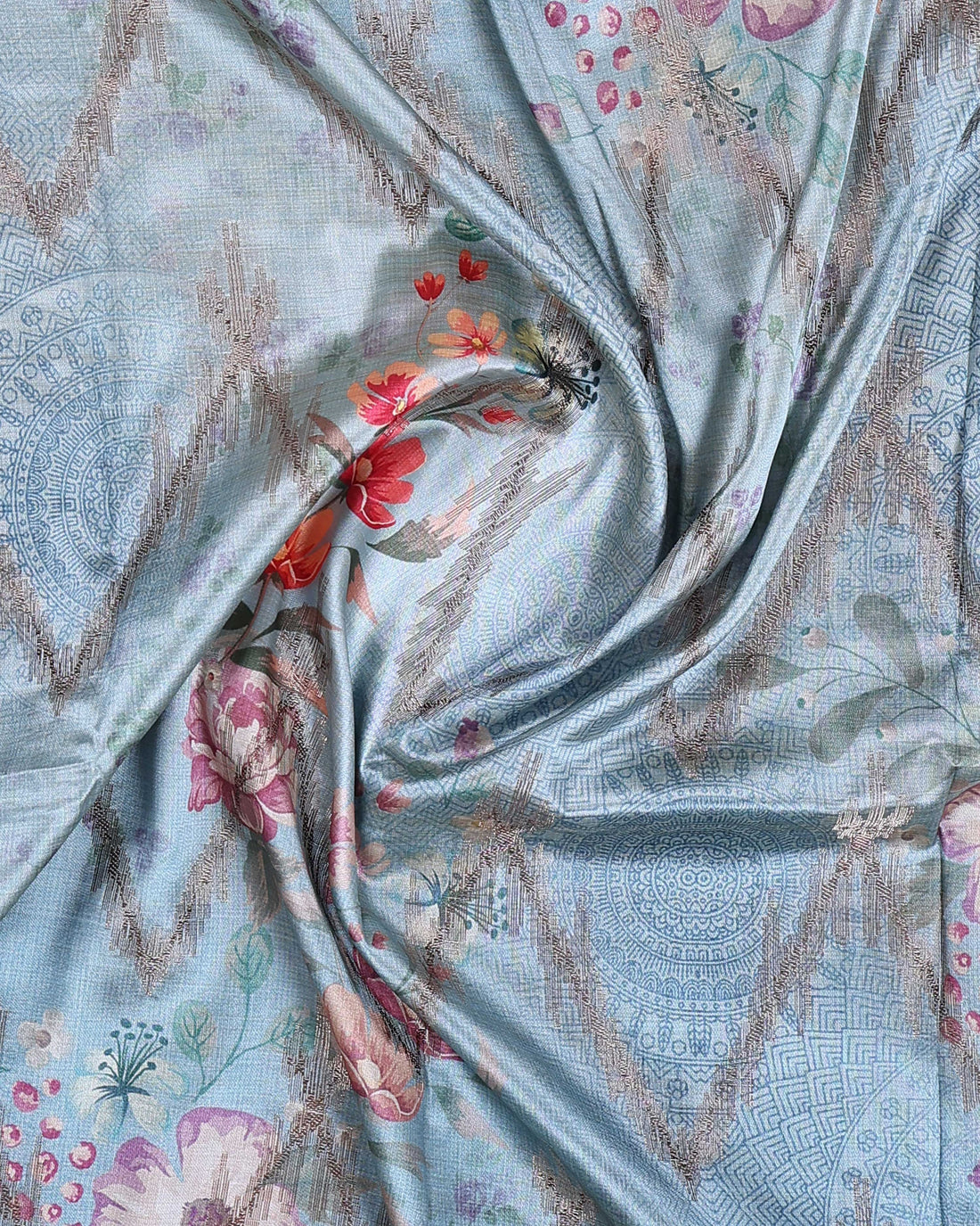 Floral Pattern Dola Silk Saree With Woven Border - Blue