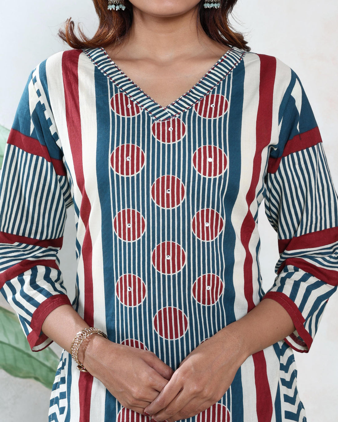 Women's Readymade Straight Kurta Salwar Suit Set With Zigzag And Striped Print, Teal, Front View