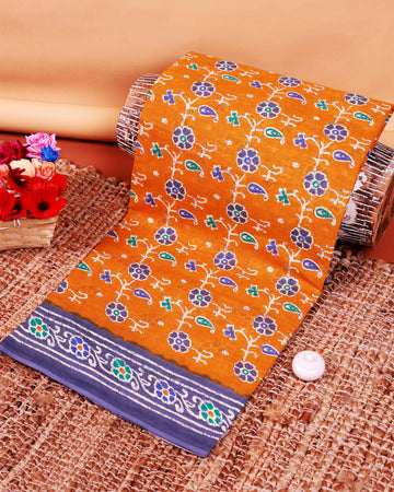 Floral Hand-Block Printed Voile Saree with Intricate Contrast Border and Paisley Accents – Orange