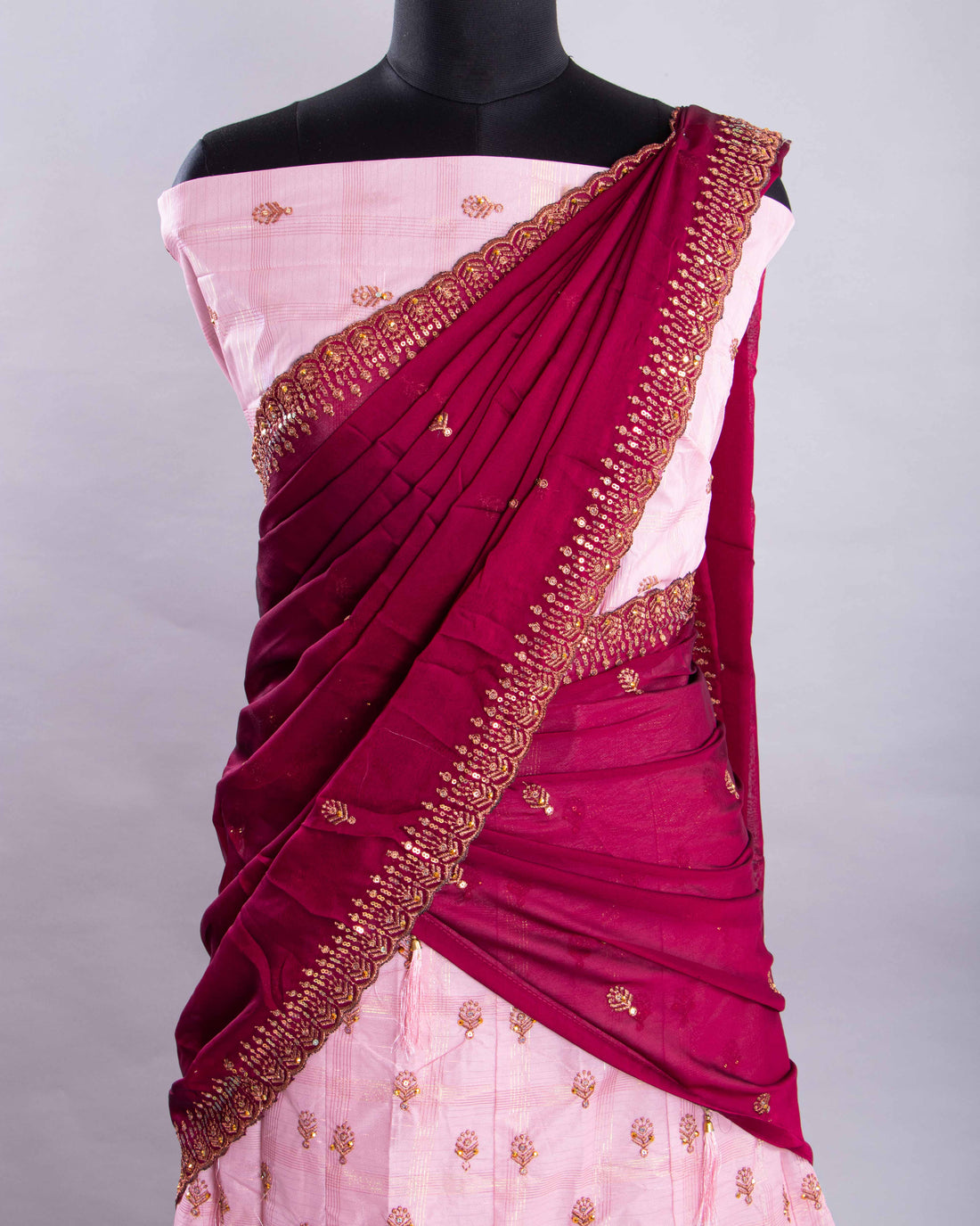 Light Pink With Magenta Colour Embroidered Semi - Stitched Lehenga