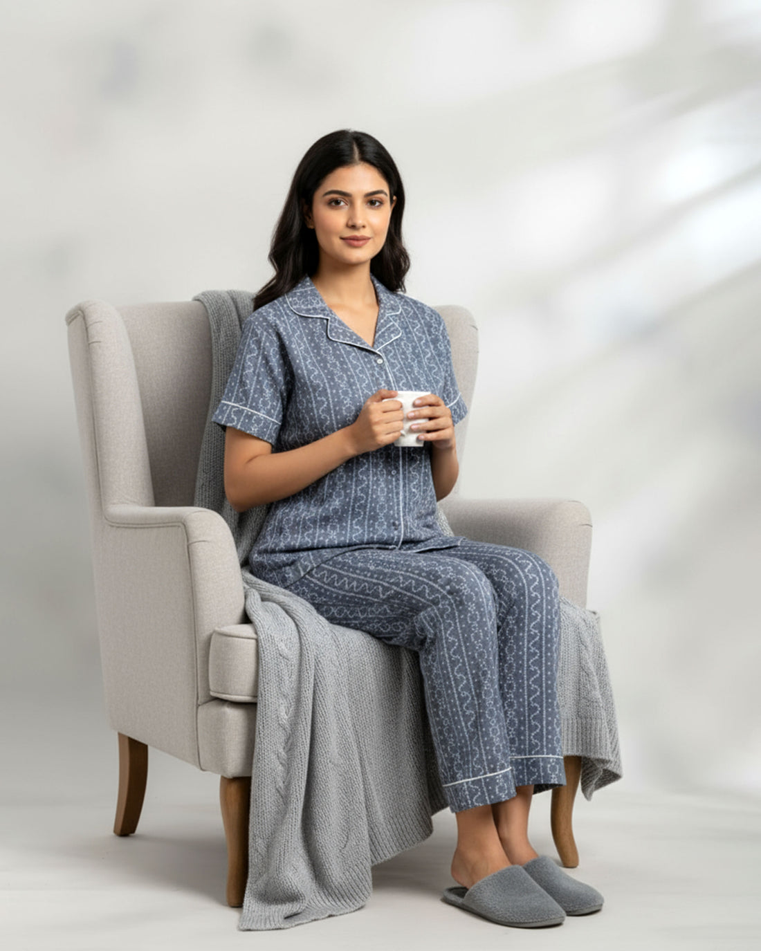 Women's Geometric Print Short Sleeve Night Wear - Grey