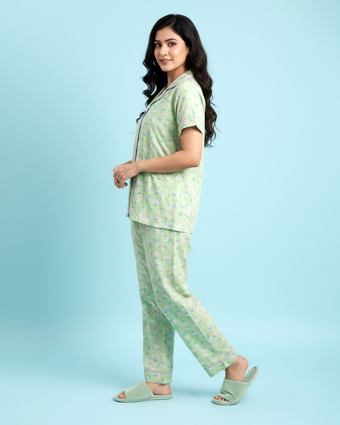 Women's Floral Print Button-Down Night Wear  - Green