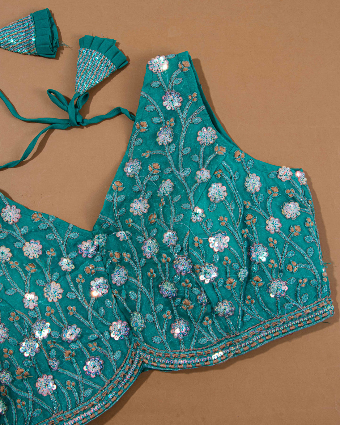 Sequin and Thread Embroidered Readymade Saree Blouse - Green