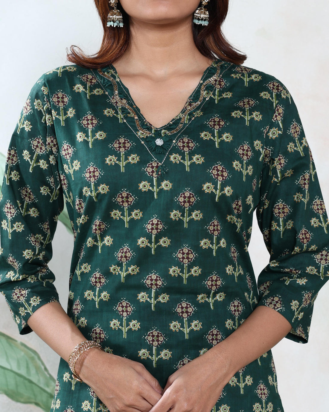 Women’s Printed Readymade Salwar Set with Traditional Straight-Cut Kurta Coordinated Bottom & Decorative Dupatta  - Dark Green