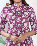 Women’s All-Over Floral Print Kurti with Mandarin Collar 3/4th Sleeves and Flared Hem, Dark Purple Closw Up View