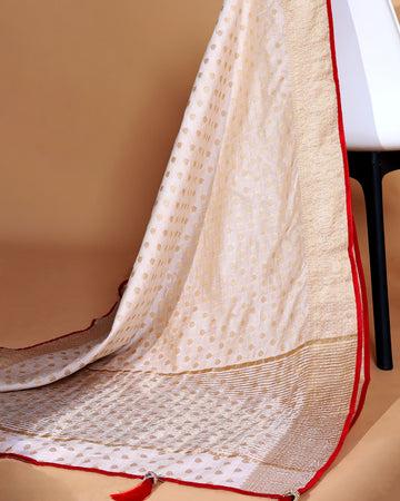 Off White   Art Silk Saree with Golden Zari & Buti Pattern Enhanced with Red Border