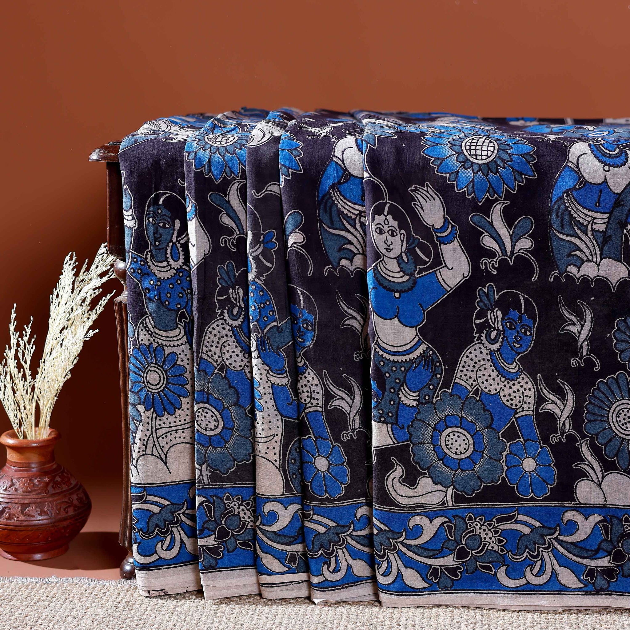 Traditional Handloom Kalamkari Cotton Saree with Intricate Floral and Avian Motifs - Blue