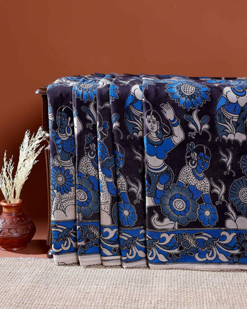 Traditional Handloom Kalamkari Cotton Saree with Intricate Floral and Avian Motifs - Blue