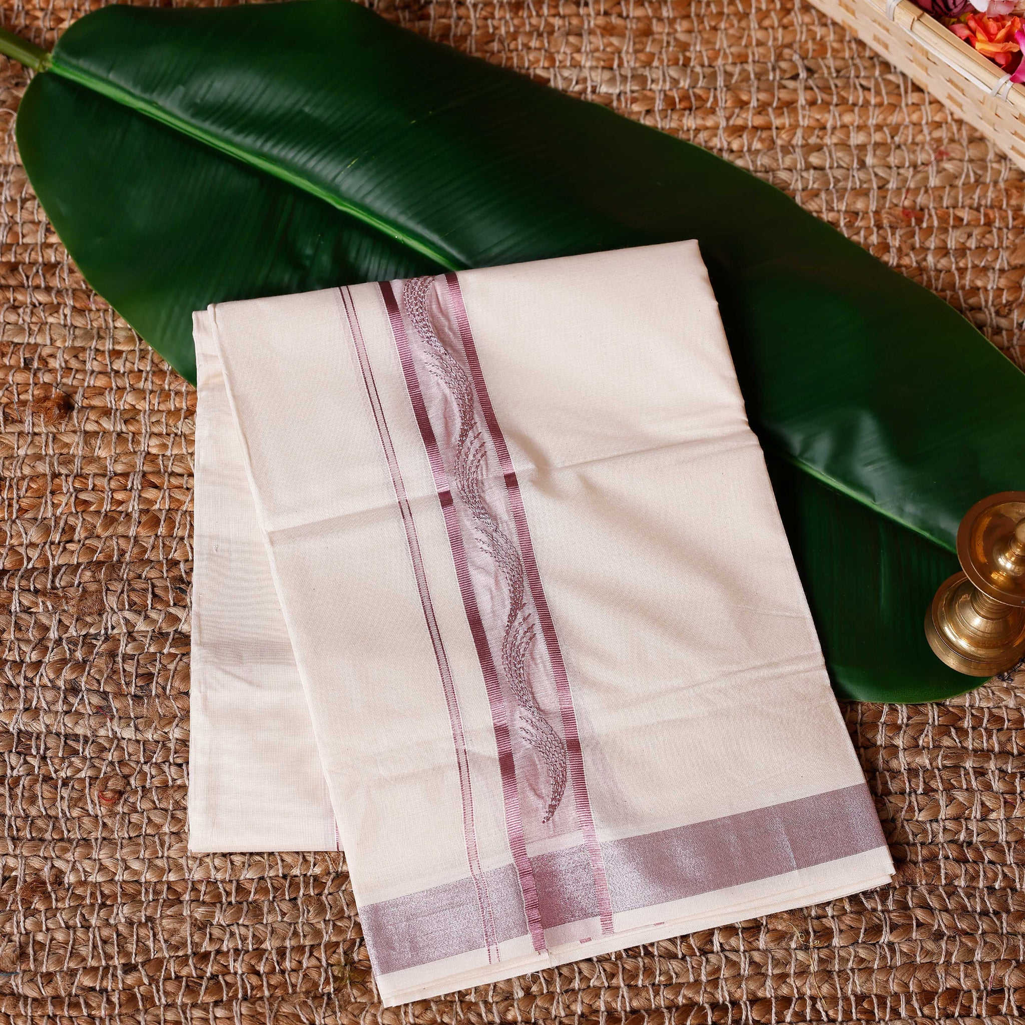 Traditional Handwoven Cotton Dhoti with Rose PinkBorder and Elegant Finish - Off White