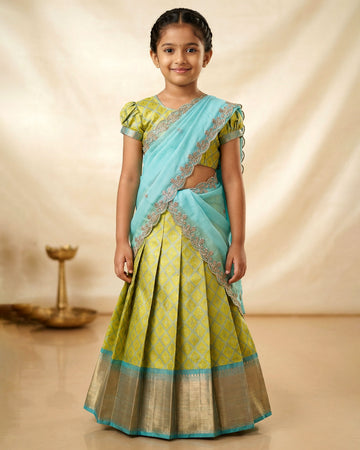 Traditional Girls Pavadai Dhavani Set with Zari Woven Diamond Pattern Skirt Elegant Short Sleeve Blouse and Decorative Lace Border -  Lime Green and Aqua Blue