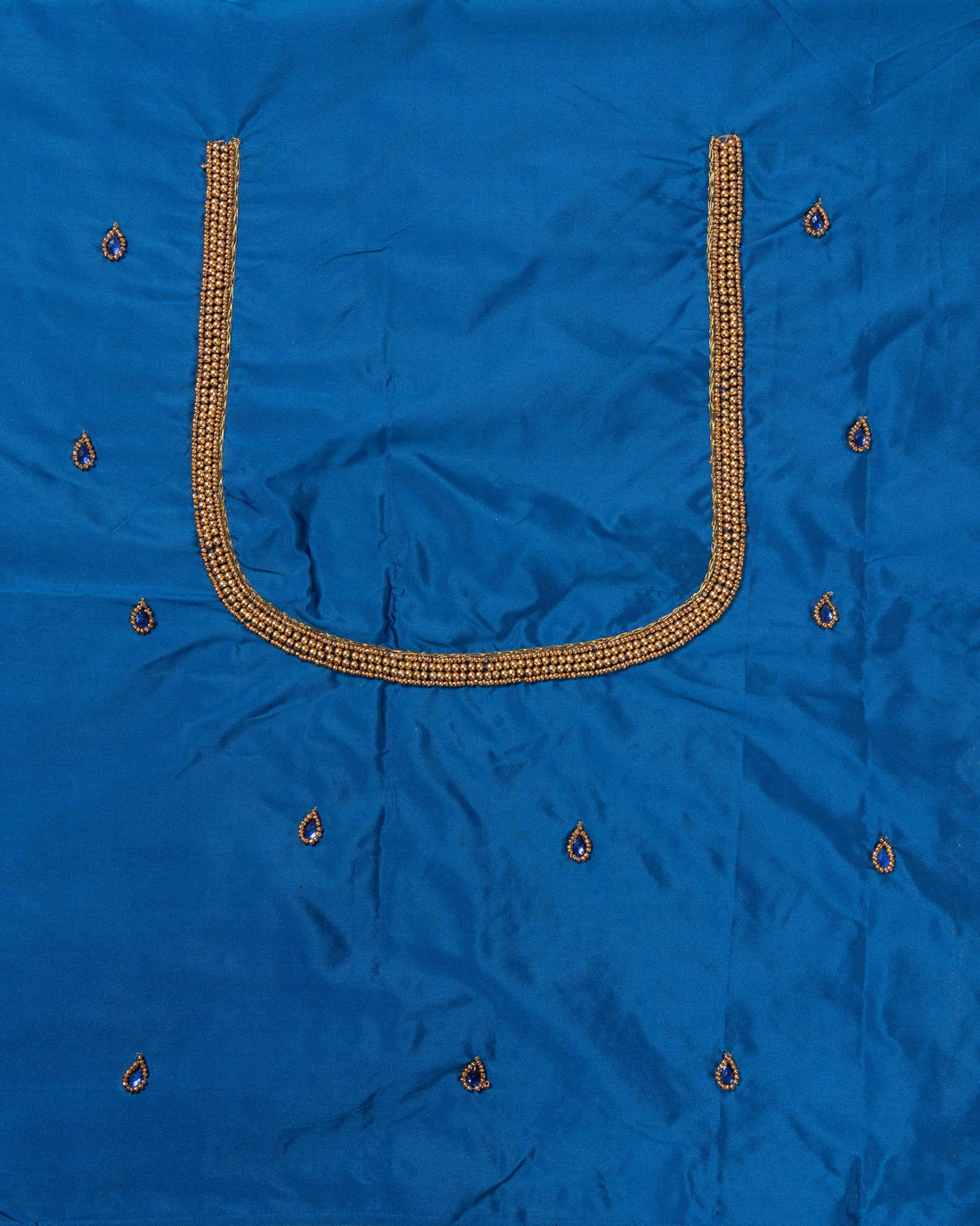 Unstitched Blouse Material with Intricate Gold Aari Embroidery - Blue