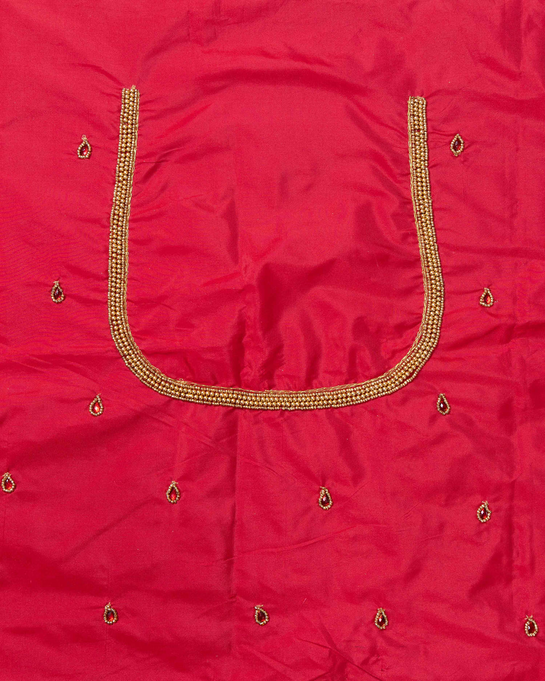 Unstitched Aari Work Blouse Material with Traditional Peacock Embroidery - Red