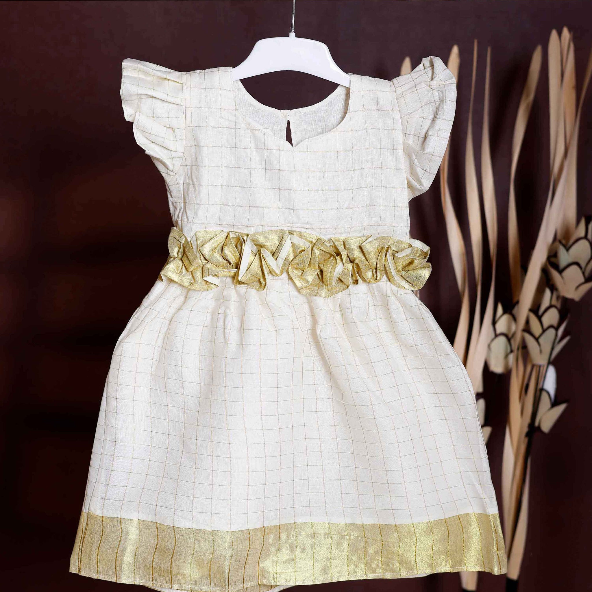 Girls' Traditional Kerala Kasavu Style Frock with Gold Zari Border and Waist Embellishment - Off White