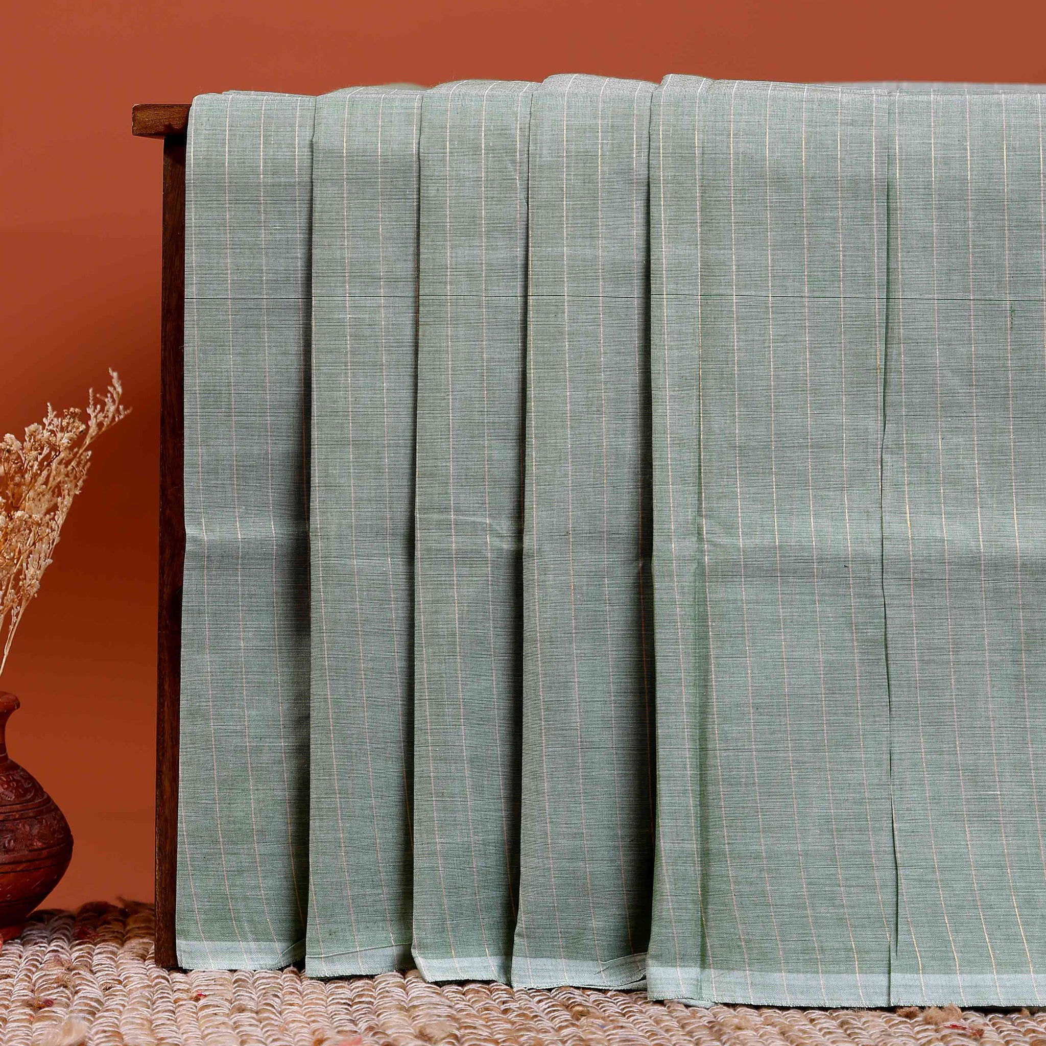 Traditional Chettinad Cotton Saree with Subtle Stripes and Traditional Weave - Green