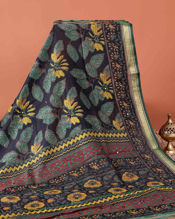 Classic Semi Chanderi Saree with Floral Inspired Print and Zari Border - Black