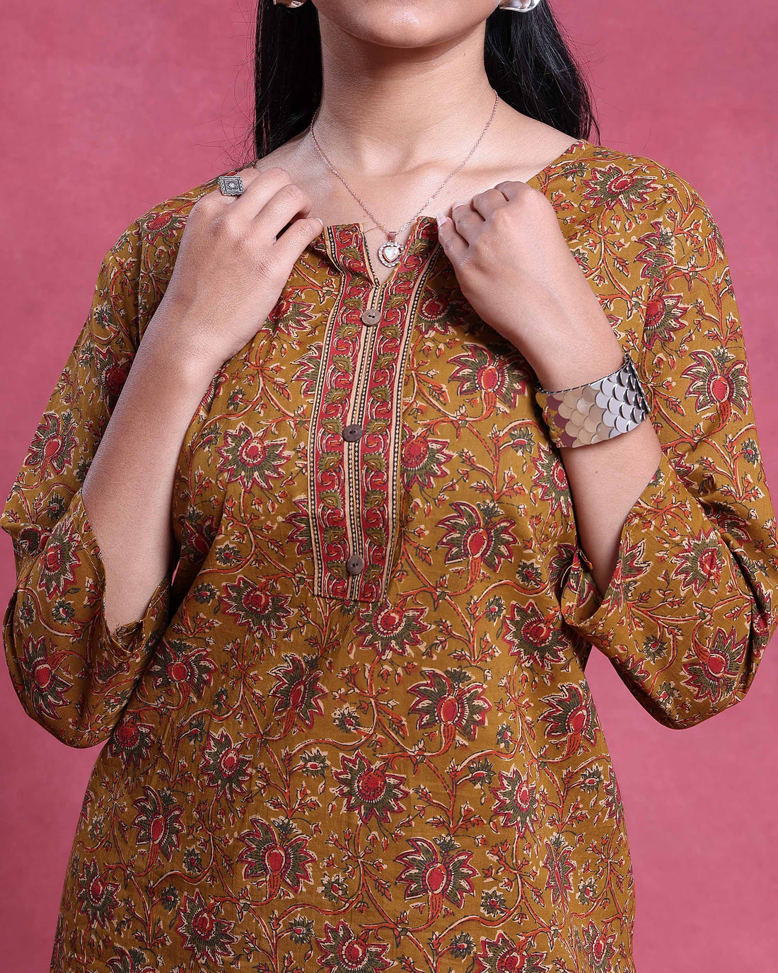 Women’s Printed Night Wear Set Floral Pattern 3/4th Sleeve Kurta Style Top with Button Detail - Multi