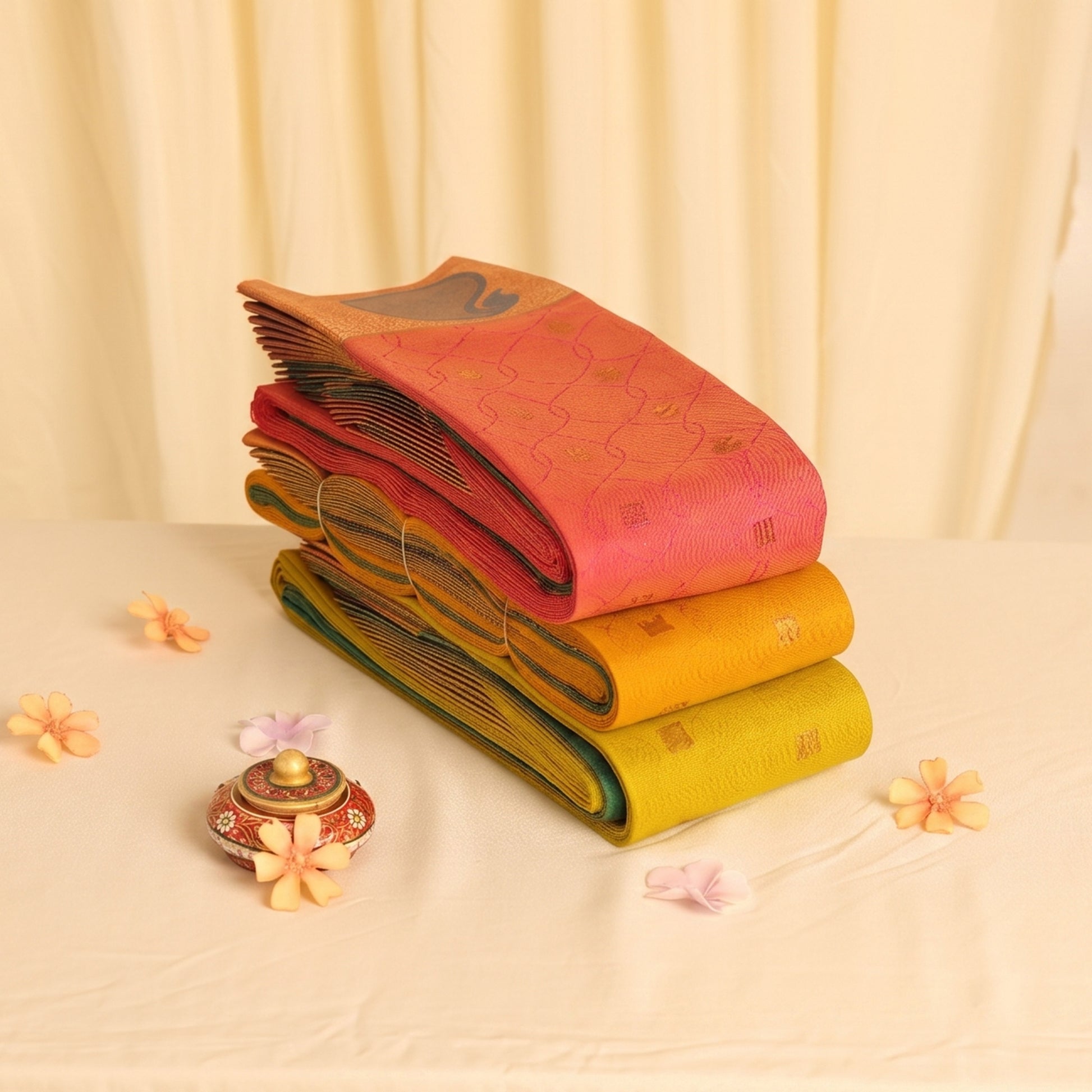 Elampillai silk cotton sarees with zari buttas and textured weave in assorted colors folded stack front view