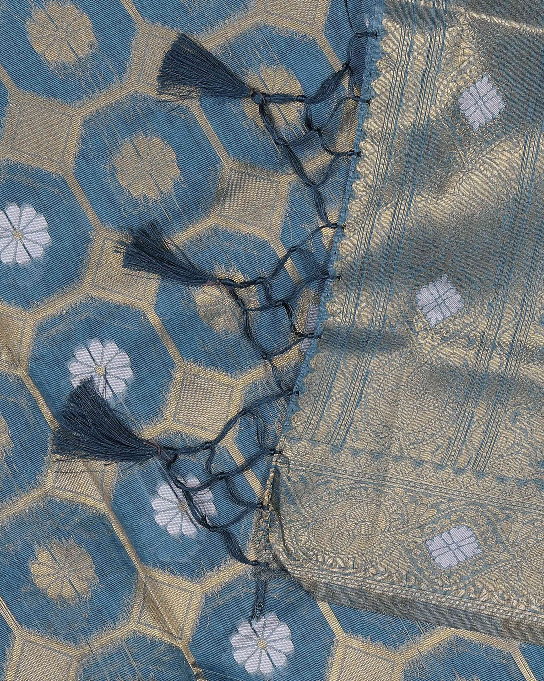 Adorned With Intricately Woven Floral Motifs Within The Geometric Shape Art Silk Saree - Blue