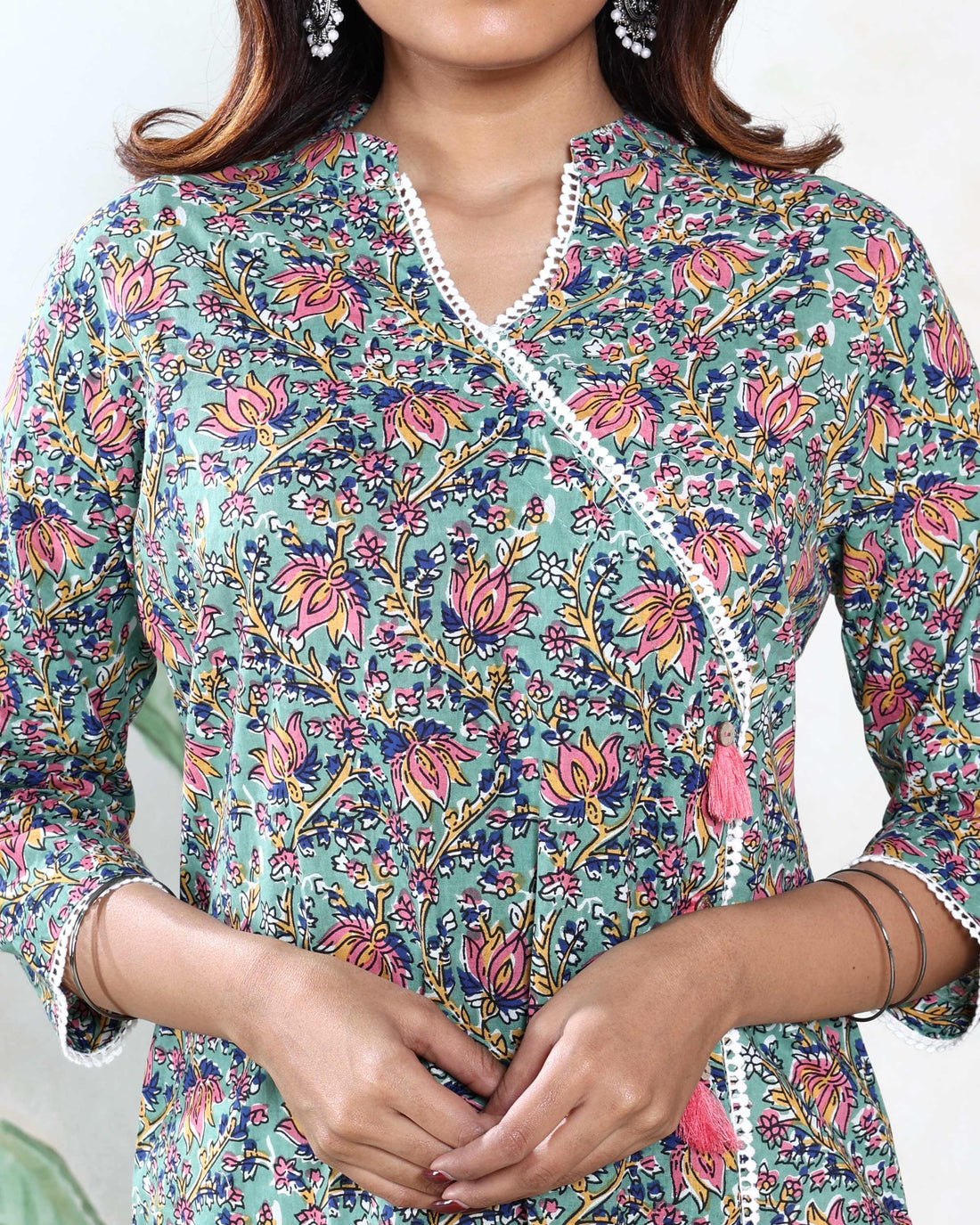 Women’s Elegant Floral Printed Wrap Style Kurta with V-Neckline Side Tie-Up Tassel Detail and 3/4th Sleeves - Green