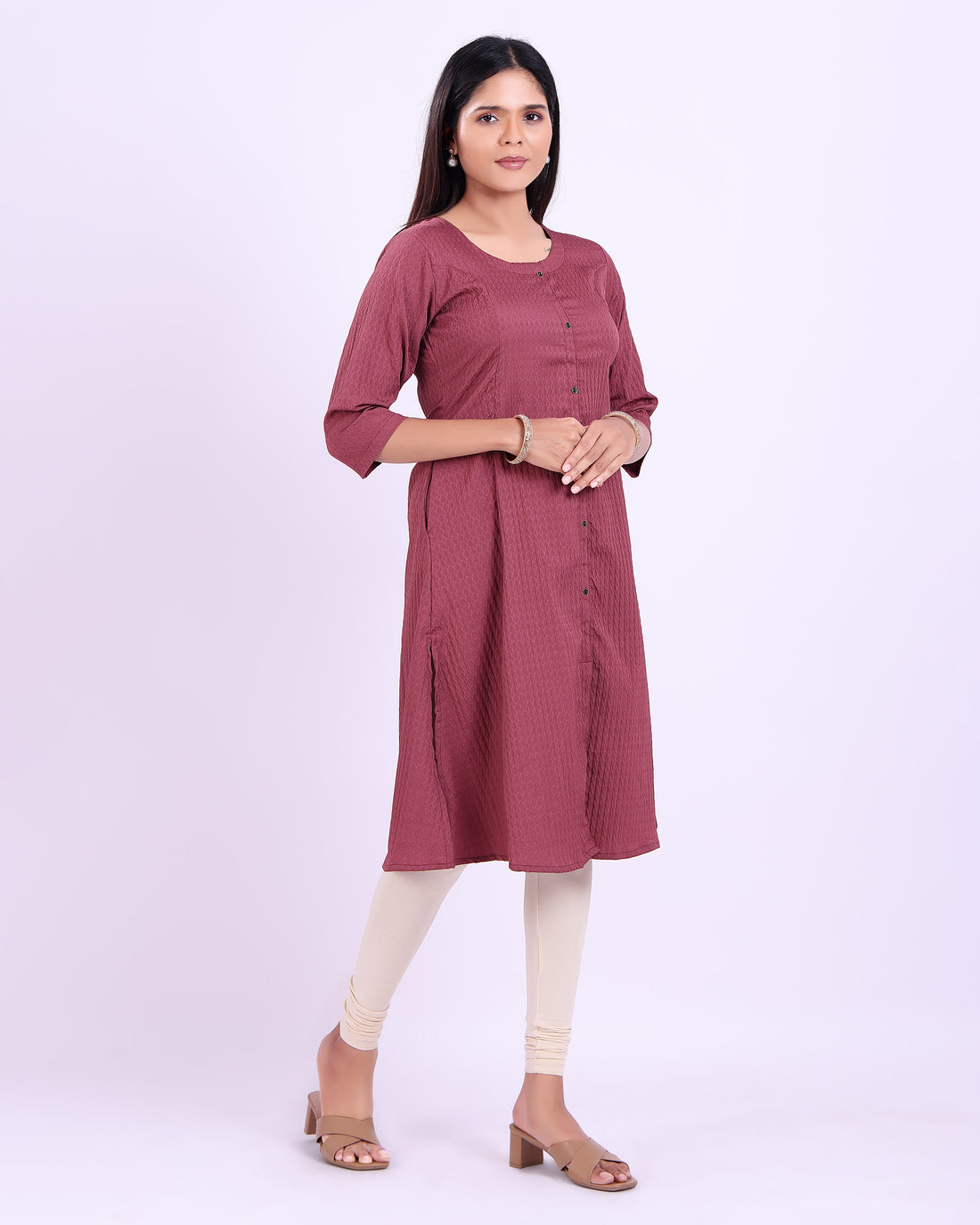 Women's Striped A-line Cotton Kurta with 3/4 th Sleeves and Button - Maroon