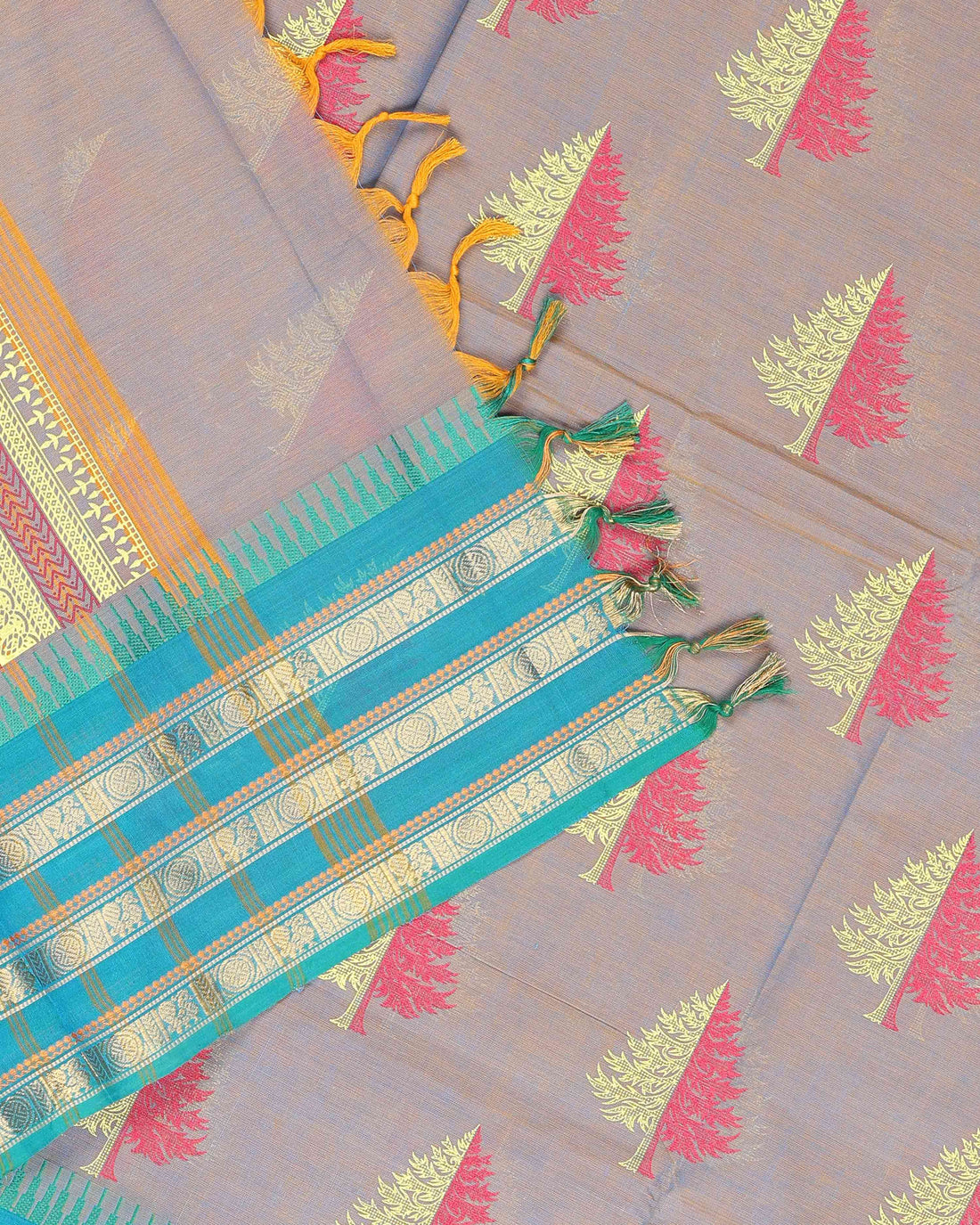 Artisanal Handloom Cotton Saree with Zari Motifs - Brown