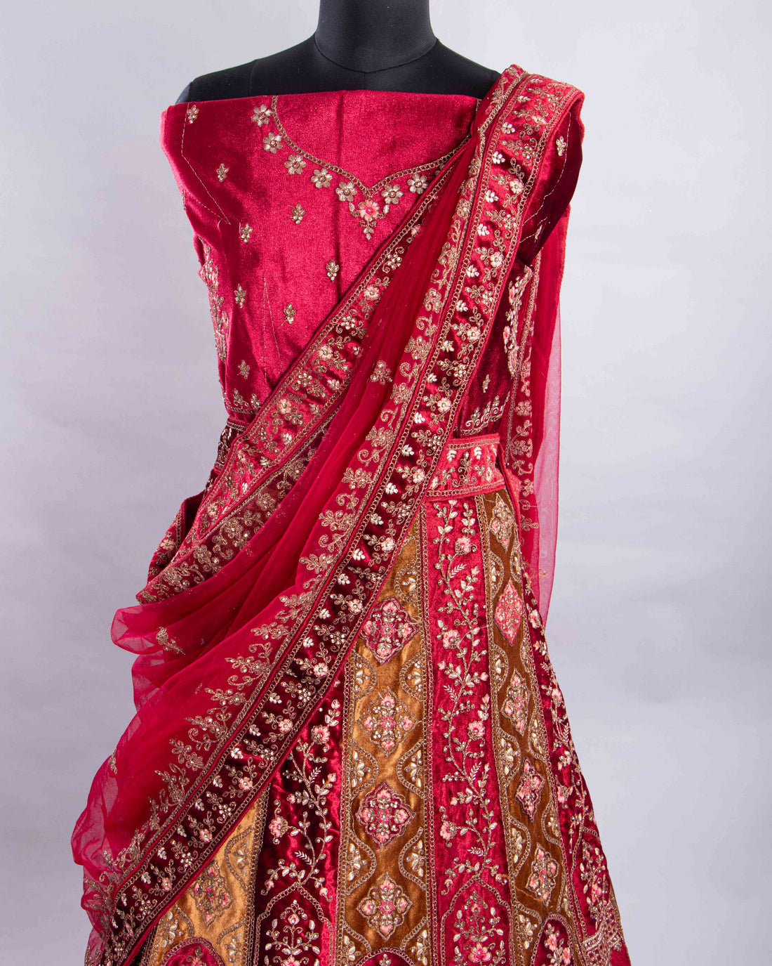 Gold With Maroon Colour Embroidered Semi - Stitched Lehenga