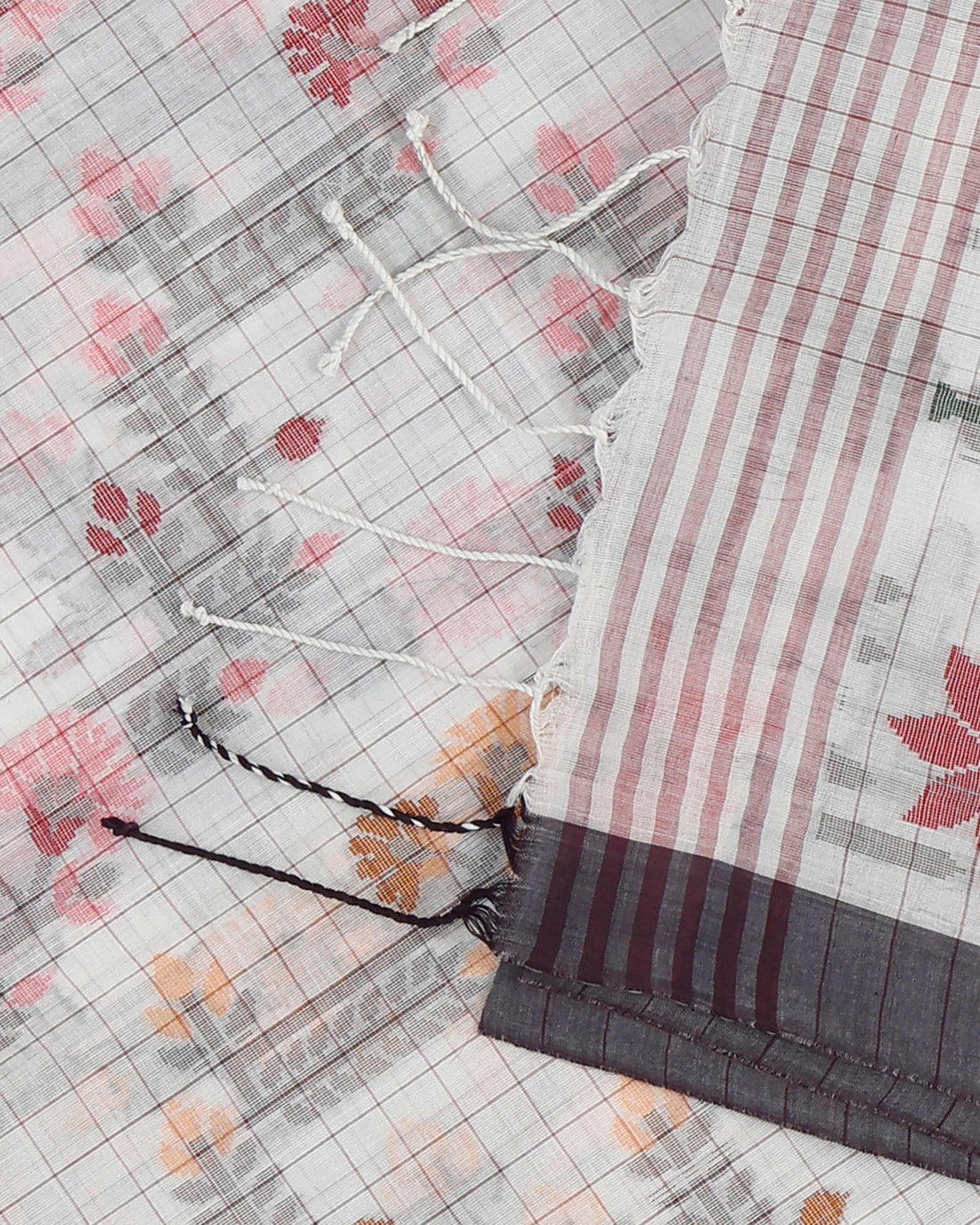 Checked Bengal Cotton Saree with Floral and Geometric Weaves - Off White