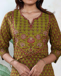 Women’s Printed Readymade Salwar Suit Set with Straight Kurta Matching Pants and Dupatta, Light Green