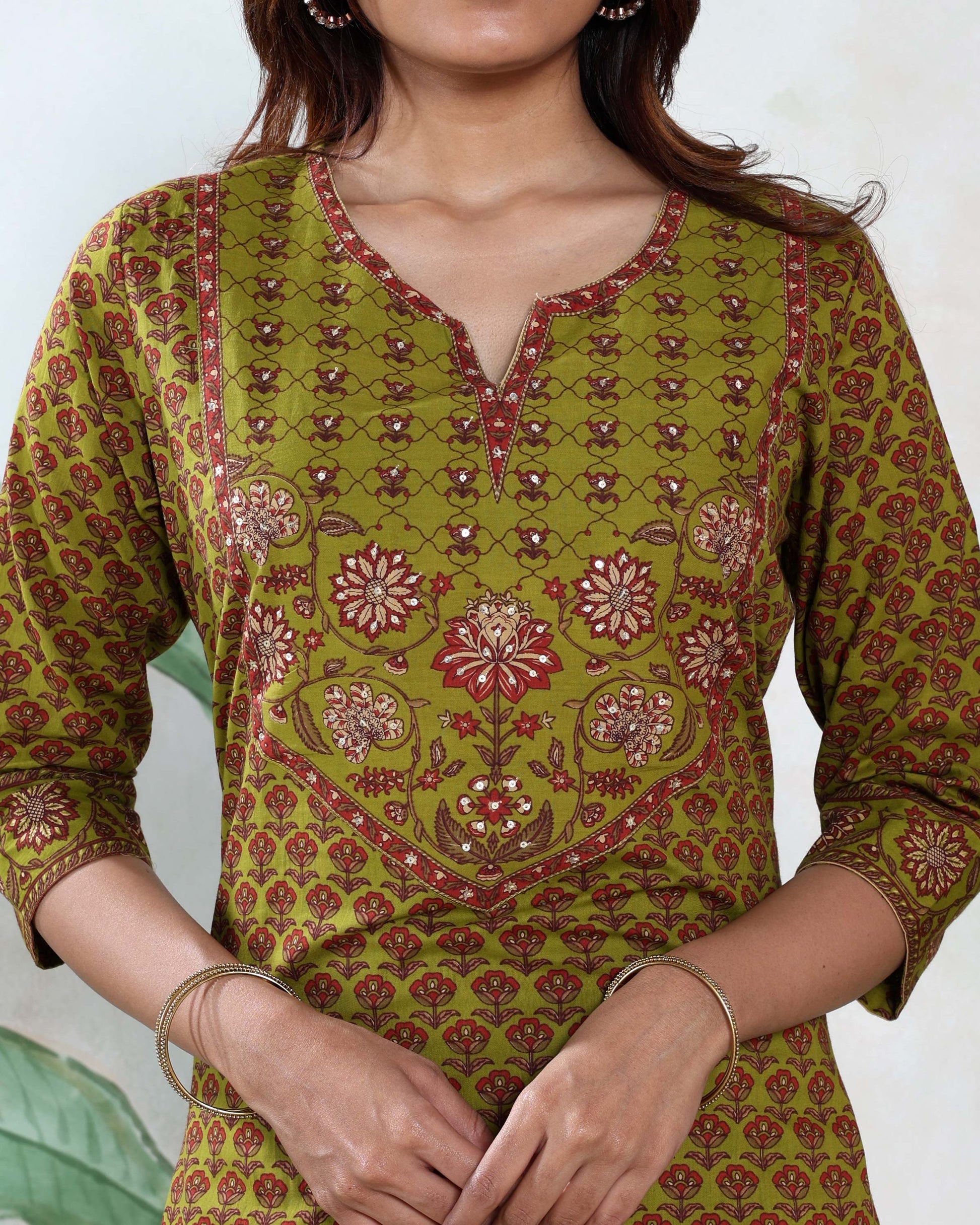 Women’s Printed Readymade Salwar Suit Set with Straight Kurta Matching Pants and Dupatta, Light Green