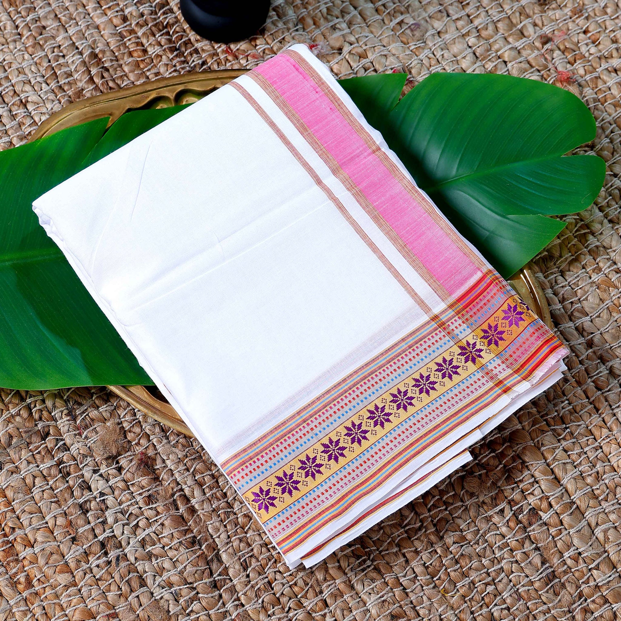 Men’s Cotton Dhoti with Multi Zari Border - White