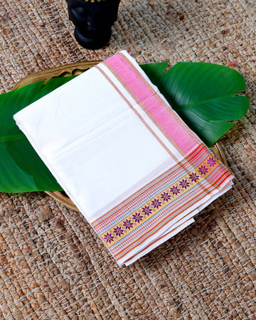 Men’s Cotton Dhoti with Multi Zari Border - White
