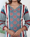 Women's Readymade Straight Kurta Salwar Suit Set With Zigzag And Striped Print, Teal, Close Up View
