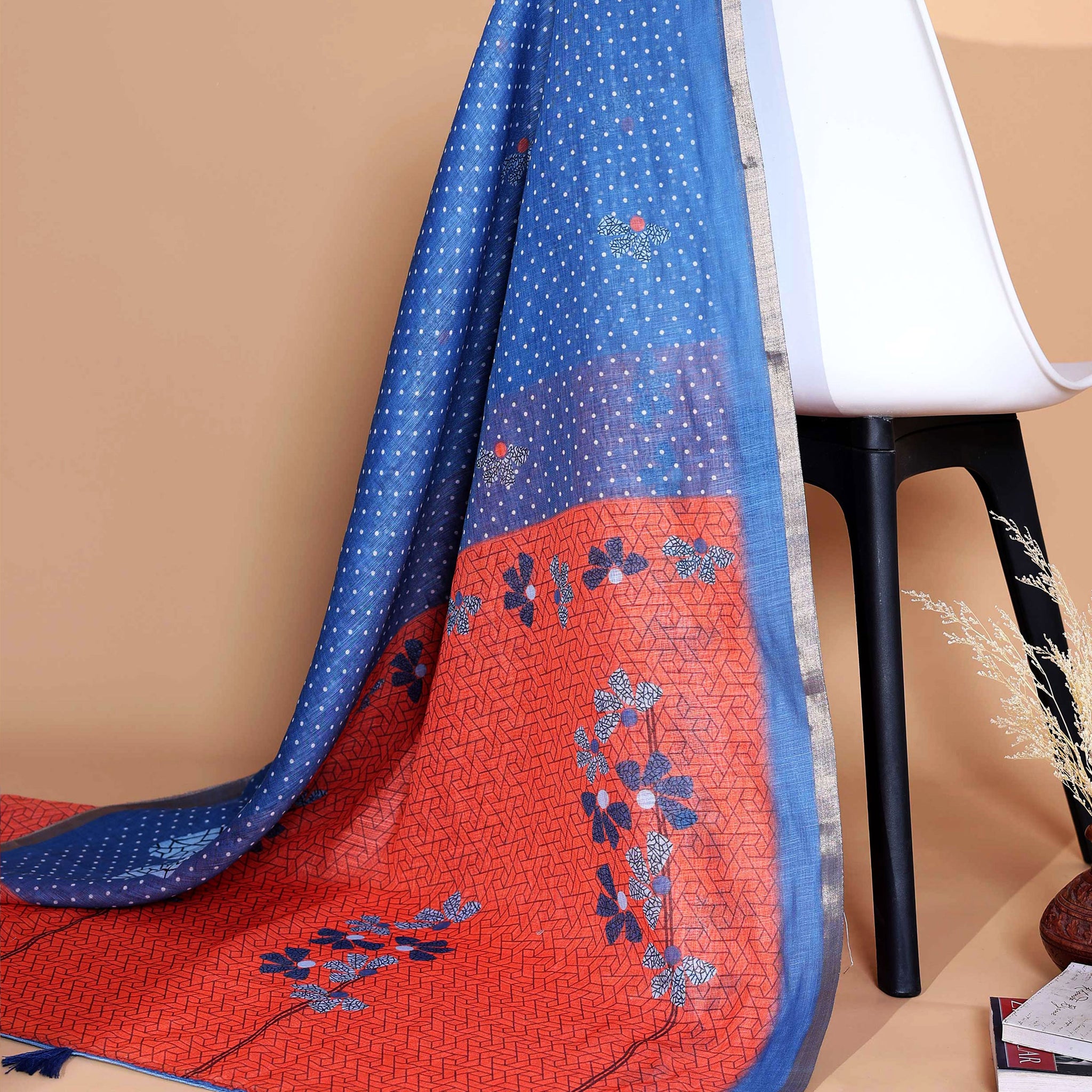 Dual Tone Blue and Rust Linen Saree with White Polka Dots, Floral Printed Pattern and with Colourful Tassel Detailing