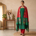 Green Cotton Salwar Material With Striped Weave Red Dupatta And Striped Border Front View