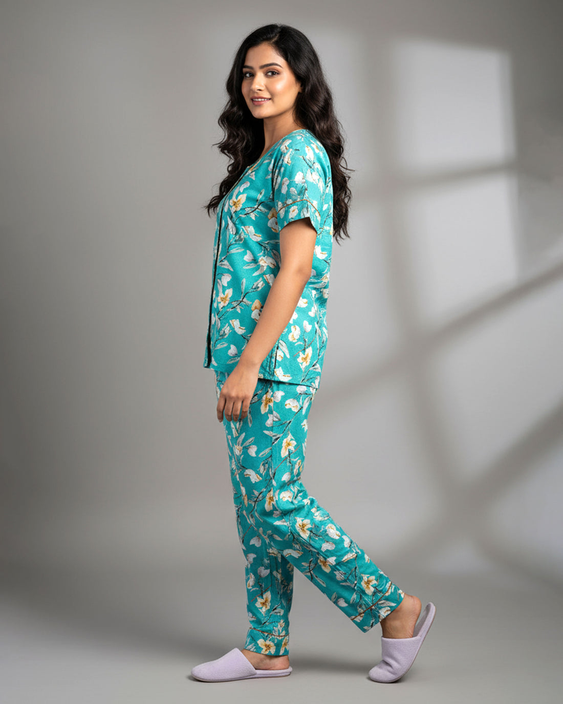 Women's Floral Print Short Sleeve Night Wear - Green