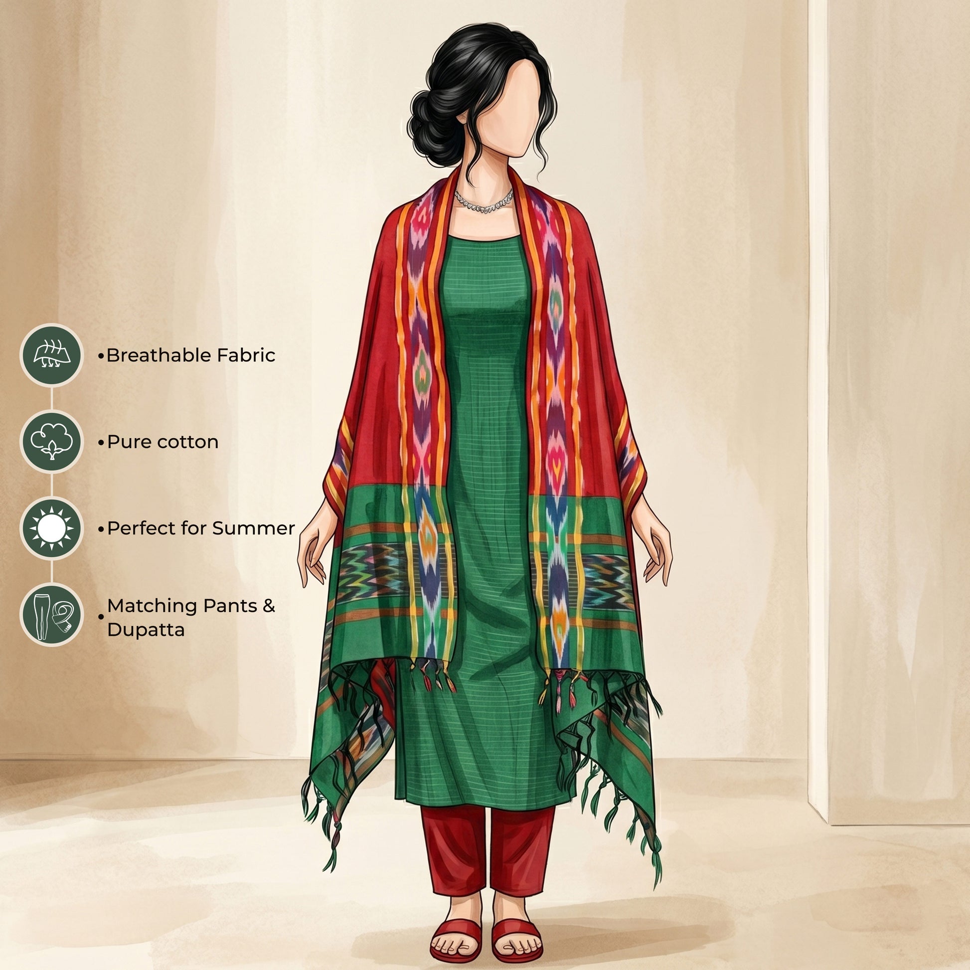 Green Cotton Salwar Material With Red Contrast Dupatta, Striped Border And Tassel Detail, Illustrated Front View